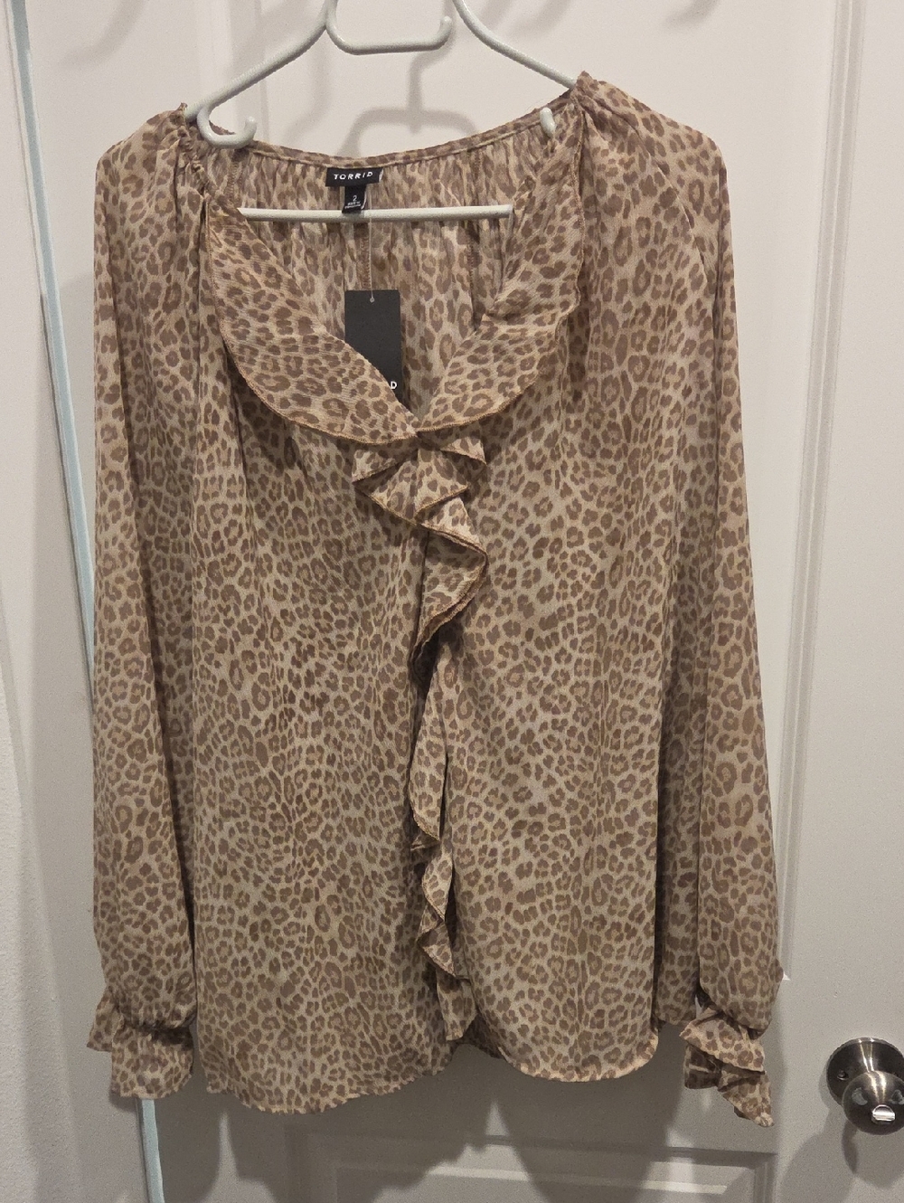 torrid beige leopard ruffle-front blouse